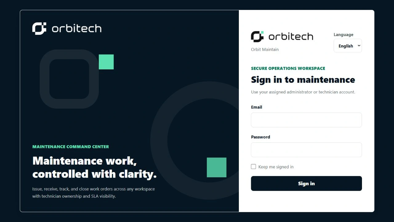 Orbit Maintain — original English sign-in screen presented in a device mockup